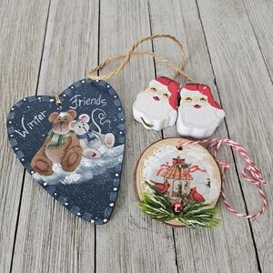 3 Various Vintage Wooden Christmas Tree Hanging Ornaments Seasonal Decorations